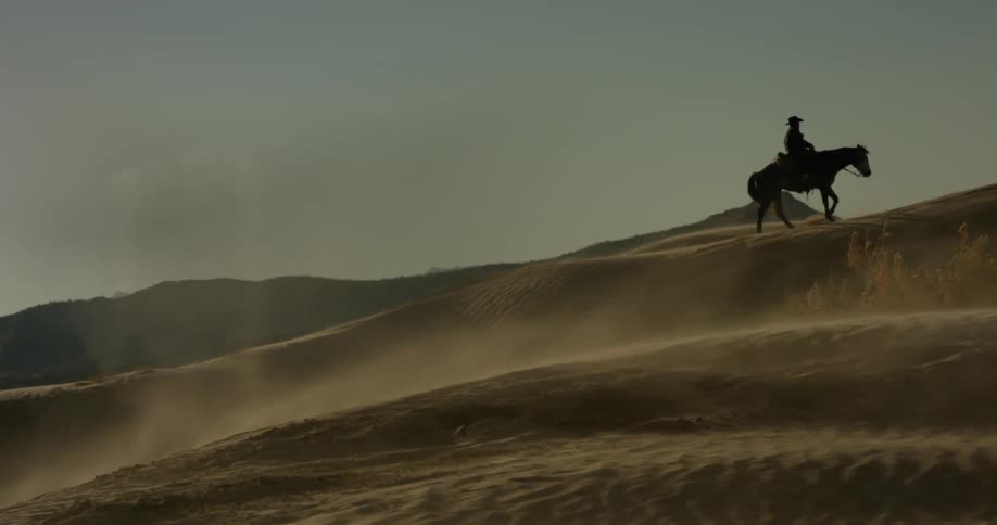 A cowboy rides a horse in a windy desert