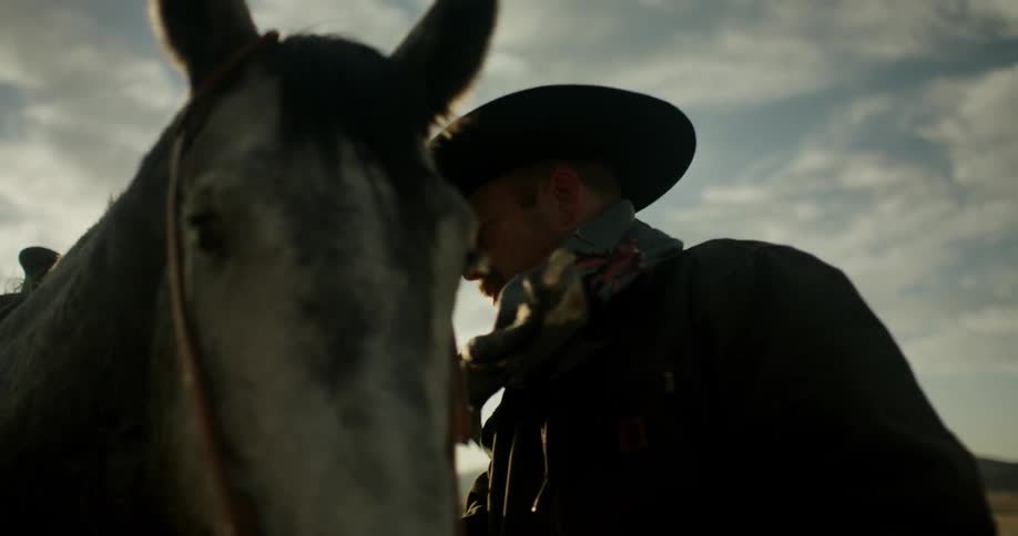 A man is standing near his horse on a windy day