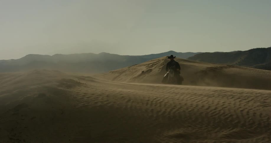 A cowboy rides a horse over sand dunes during the day