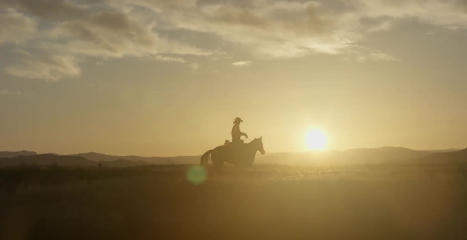Man wearing cowboy hat riding horse through field at sunset