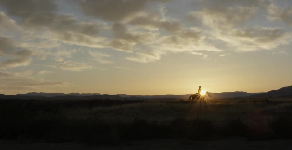 Person rides a horse into the sunset