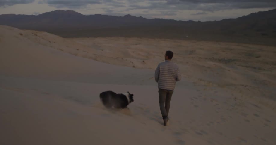 A man and dog walk down a sand dune