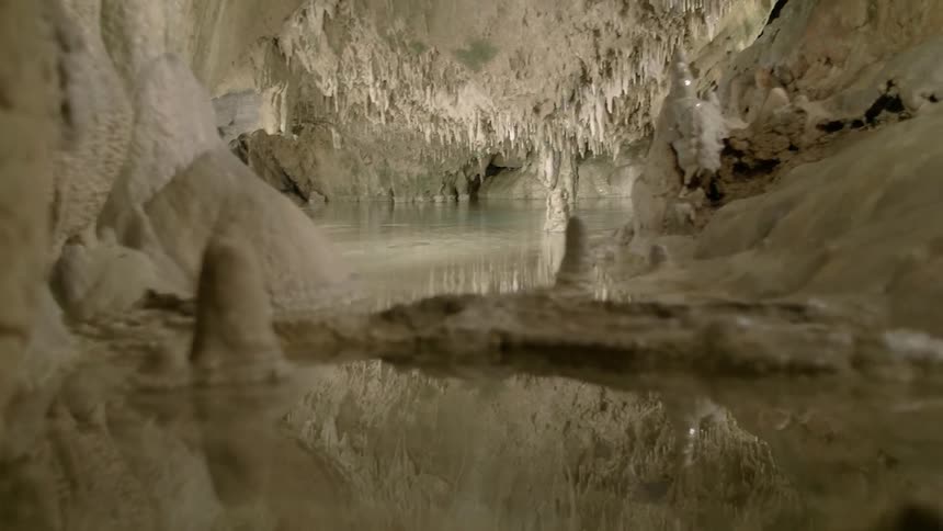 Still pool of water in the middle of a cave