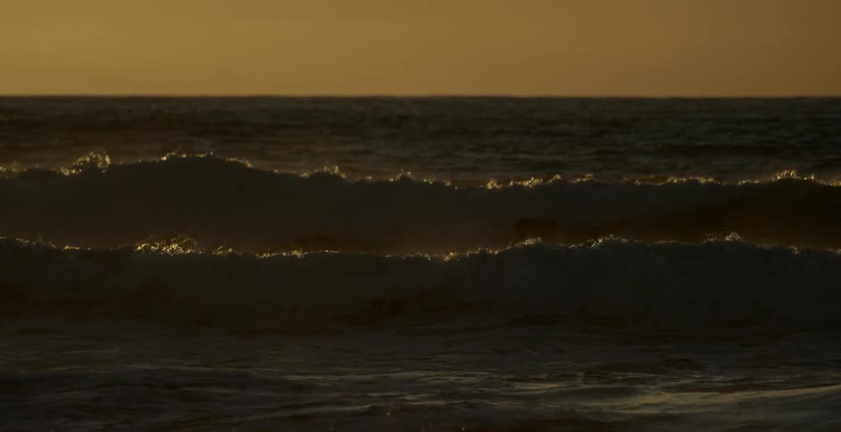 A surfer catches and rides a wave toward the shore at dusk