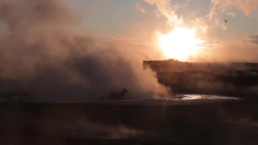 Birds fly over steaming hot springs