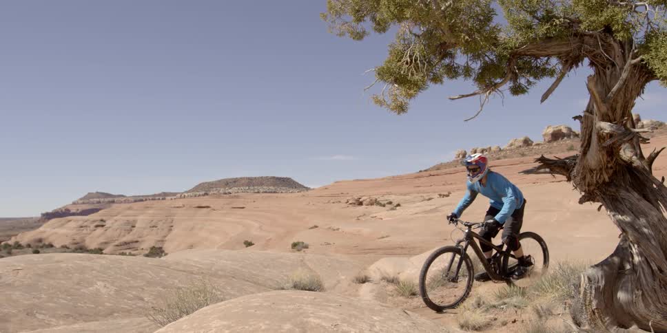 A bicyclist rides over rock in the desert