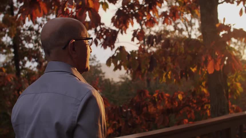 A man walks near fall trees at sunset