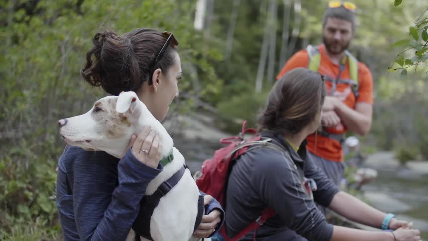 Woman pets a dog while a man and woman talk in the woods
