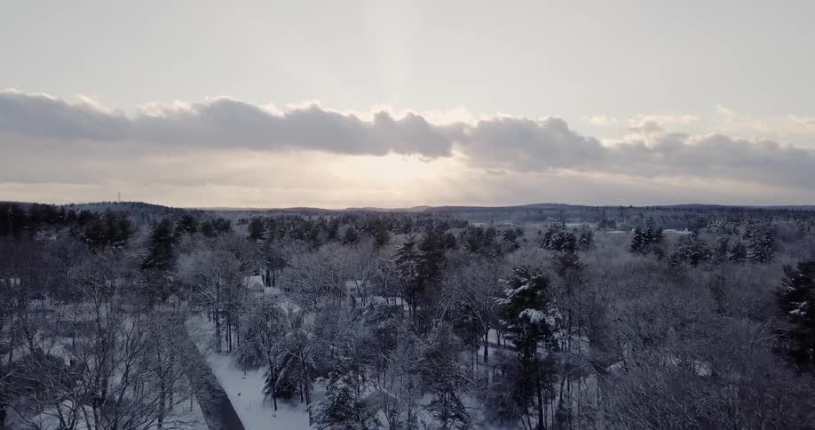 The town below is covered with snow