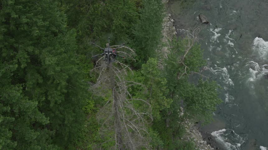 Drone flying high over a forest and rapid