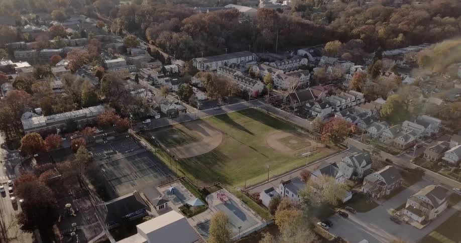 A baseball field sits in the middle of this town