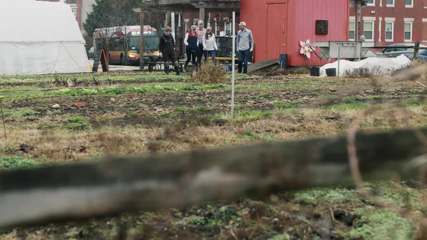 A group of people walk to a city garden