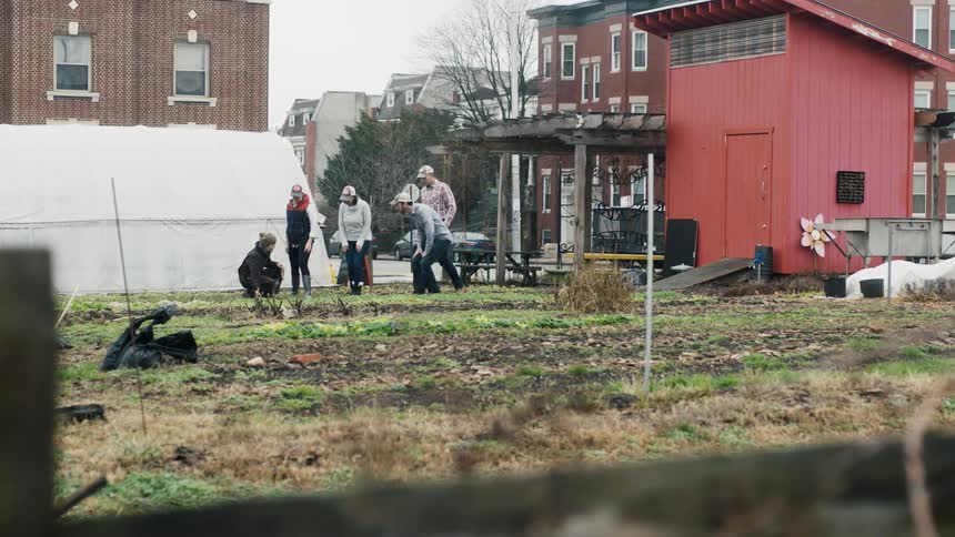 People mill about a community garden during the day