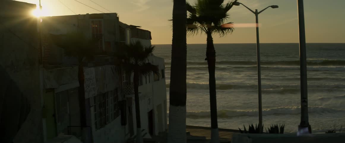 Waves roll toward the shore beyond a group of residential buildings at dusk