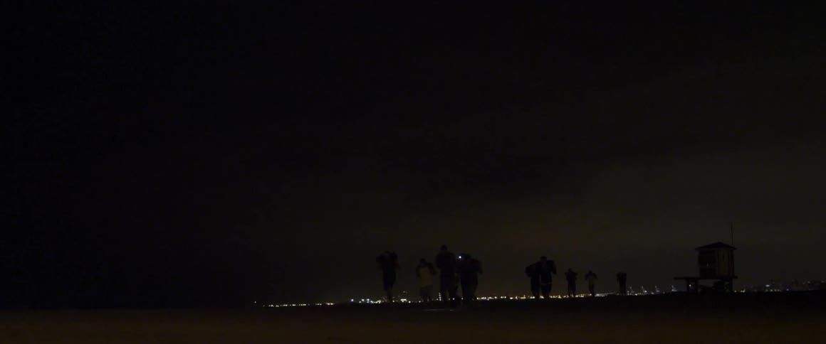 A group of men is working out on the beach at night