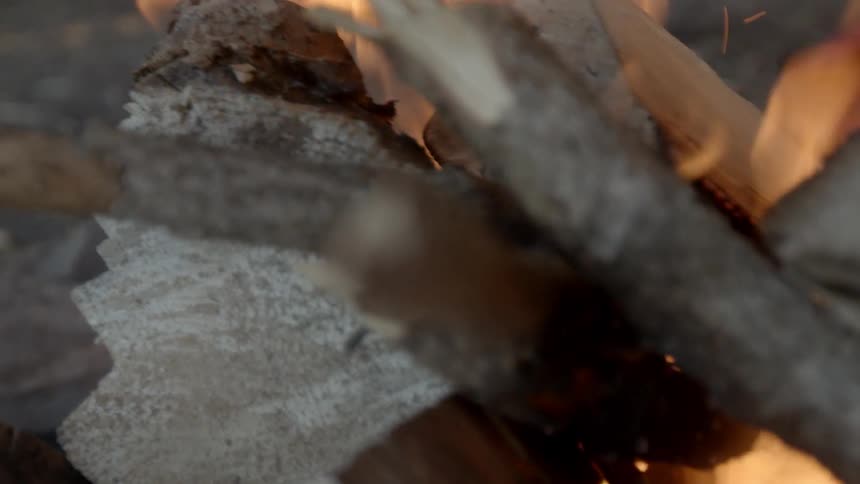 A small fire made of branches and chopped wood