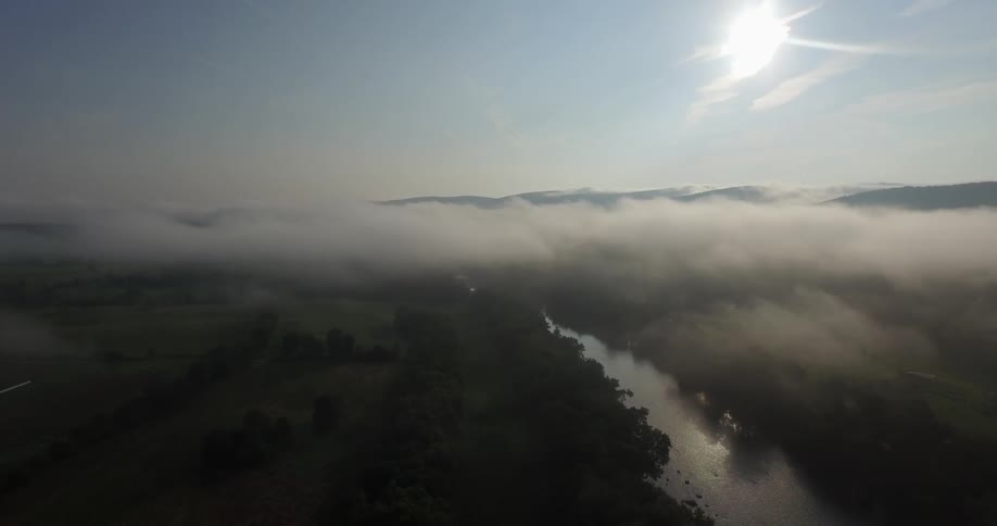 Aerial of a foggy river valley
