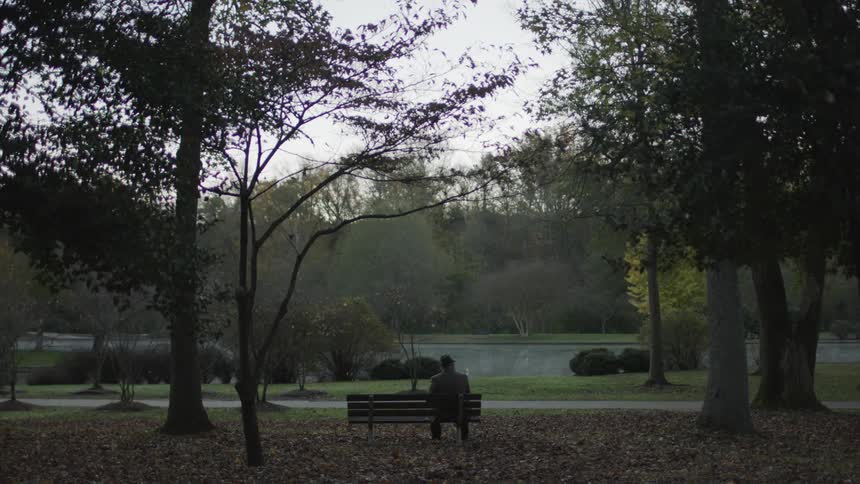 A man is sitting on a park bench on an autumn day