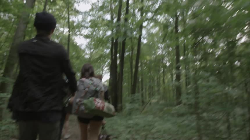 A group of people walk through the woods