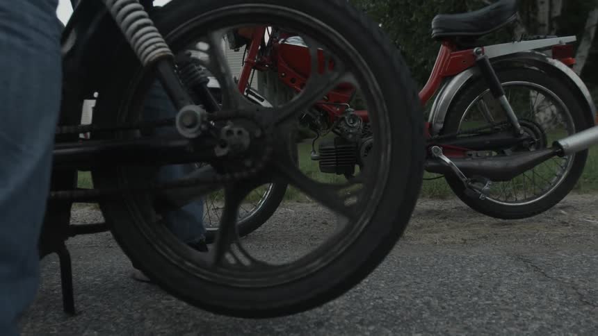 A tire spins on a motorcycle