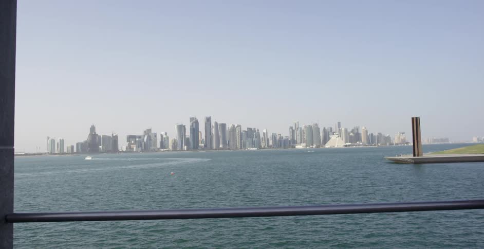 Ocean water ripples in front of city skyscrapers