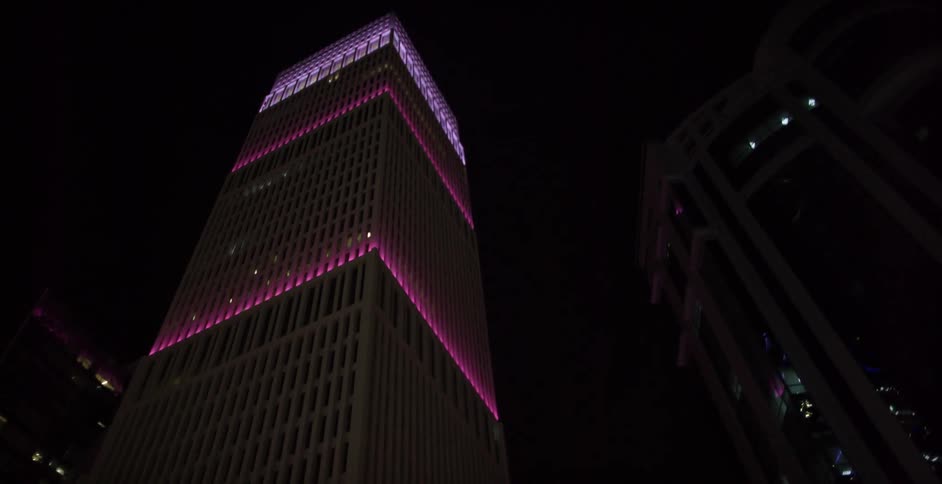Purple lights on a city building