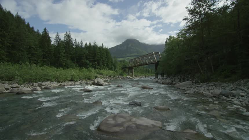 A shot over a creek with a bridge and woods in the distance