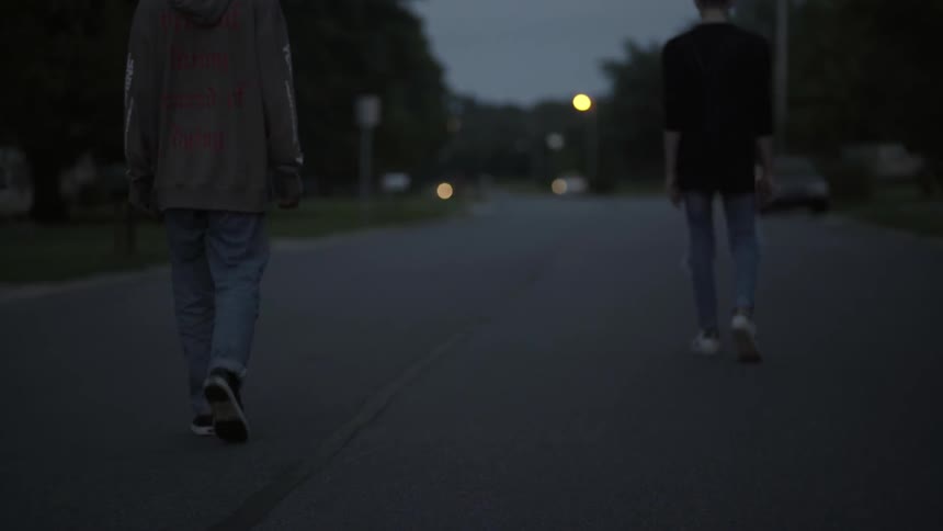 Two boys walk on a neighborhood street