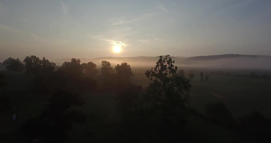 Treetop look of the sun setting on a hilly horizon
