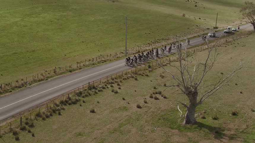 A group of cyclists on a road through the country