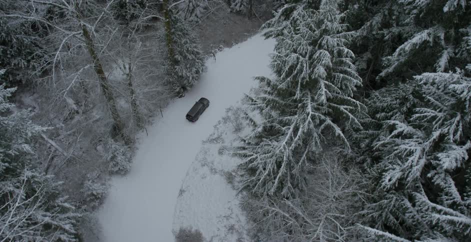 A vehicle drives down a snowy road in a forest