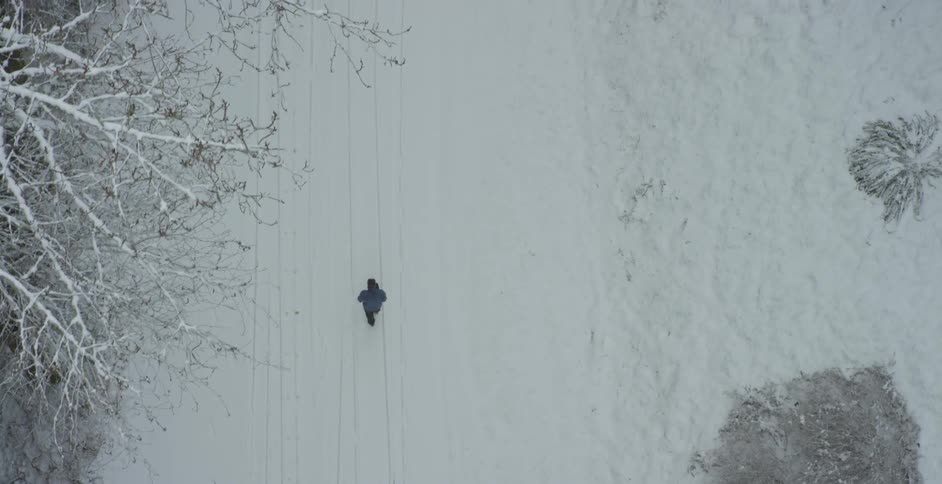 A man walks down a snow covered road in a forest