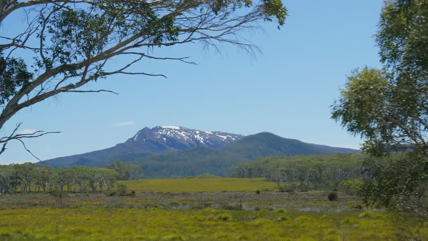 Snowy mountain top sits under a blue sky