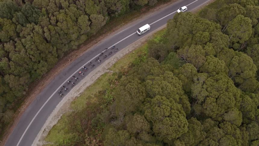 Two cars follow a line of cyclists