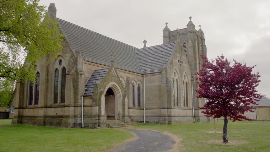 Outside of a church on a cloudy day