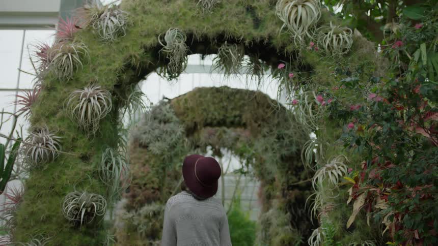 Woman walks through grassy archways