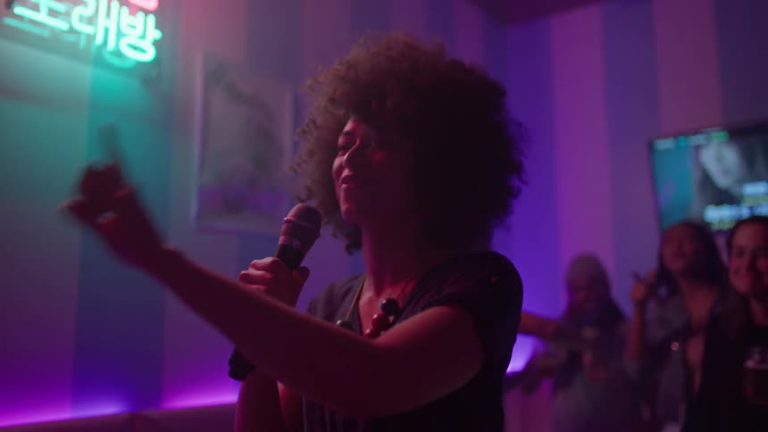 A group of people have fun at a karaoke bar