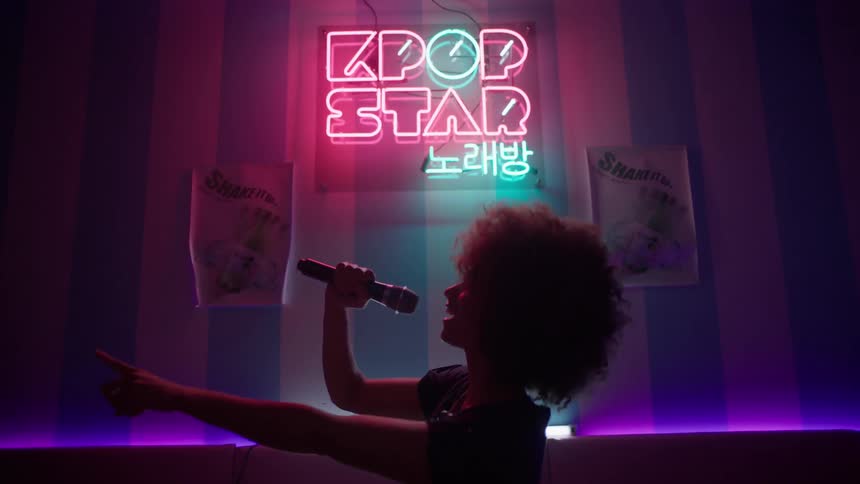 A woman with fuzzy hair is singing in a nightclub
