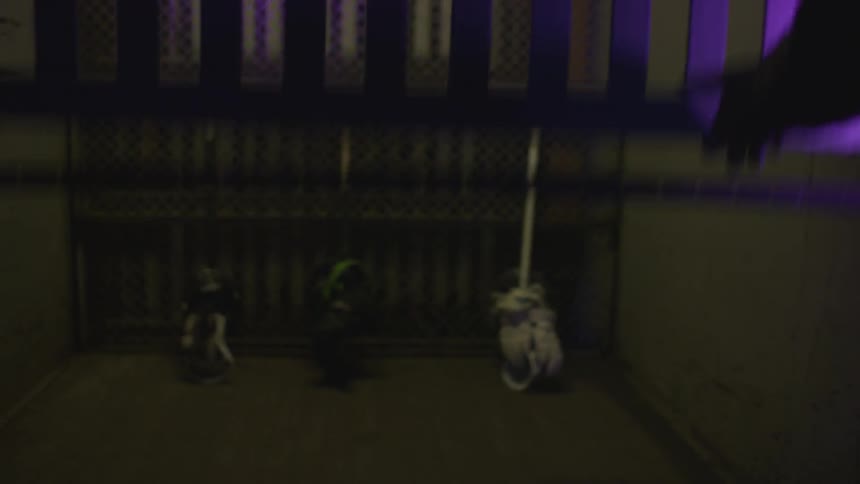 People shining flashlights in a dark hallway and open a gate