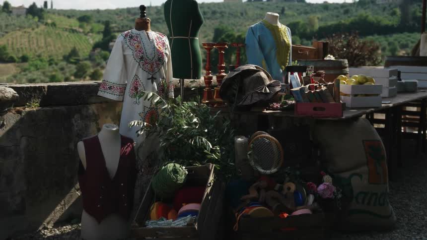Various goods on a building top