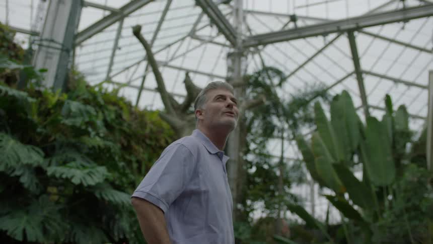 A man looks around a garden