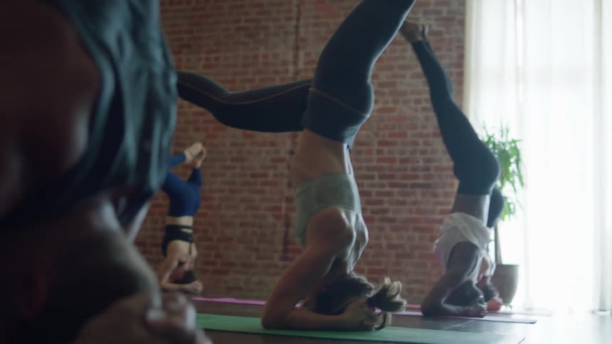 People are performing yoga together