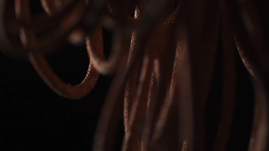 Vinyl string hangs bundled together