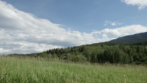 Clouds float over a grassy field in the mountains