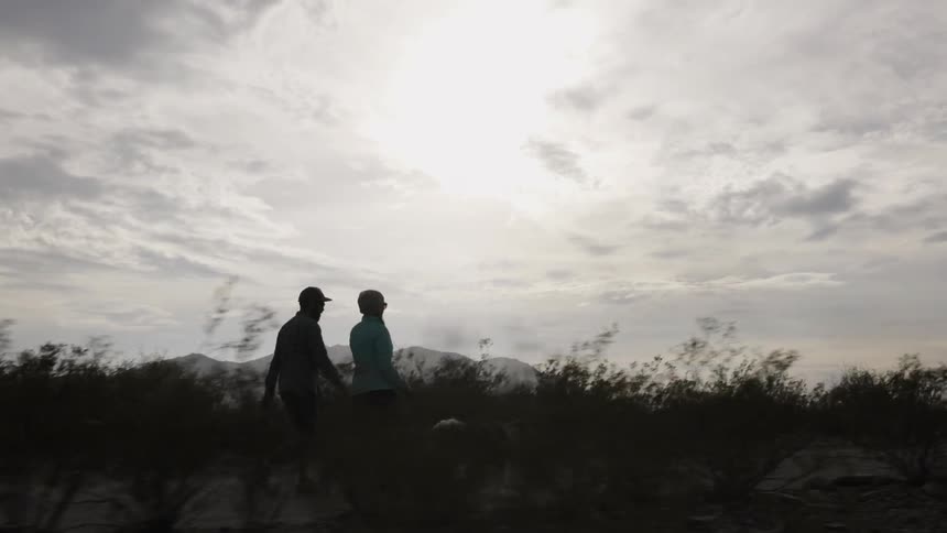 A man and woman walk their dogs in a rural area