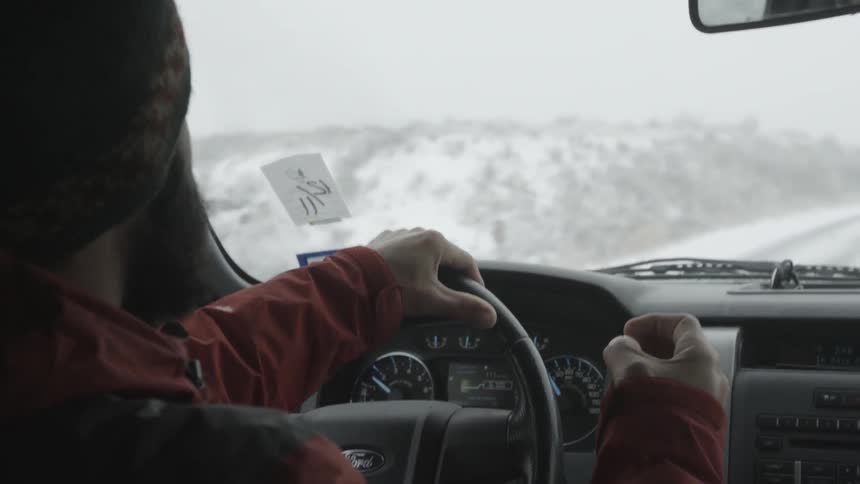 A man is driving as it snows outside