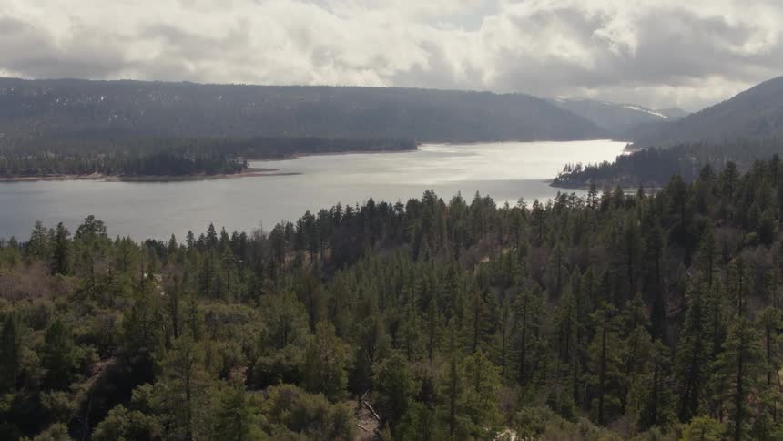 Forest trees and hills surround a lake