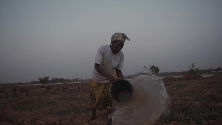 A woman is carrying buckets of water on a field