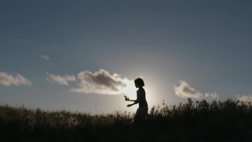 A young child carrying a gun walks in a field