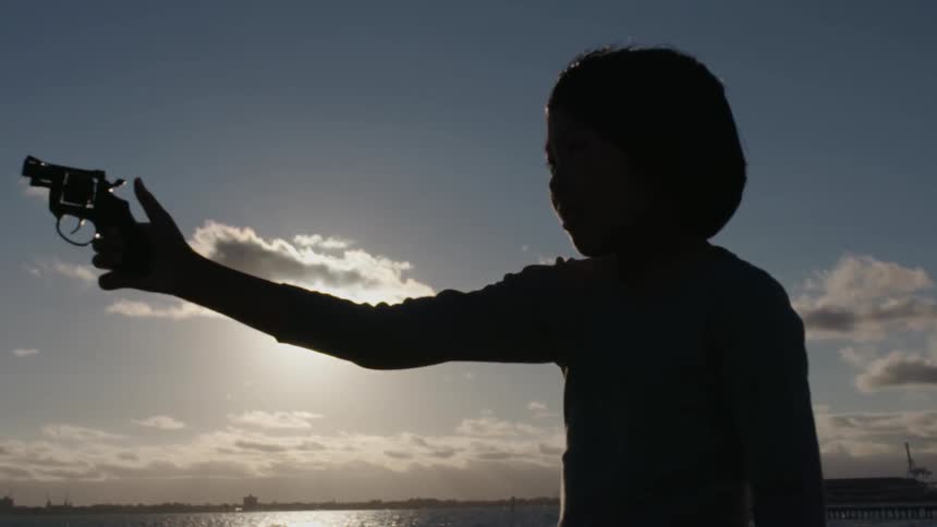 A person aims a gun at sunset